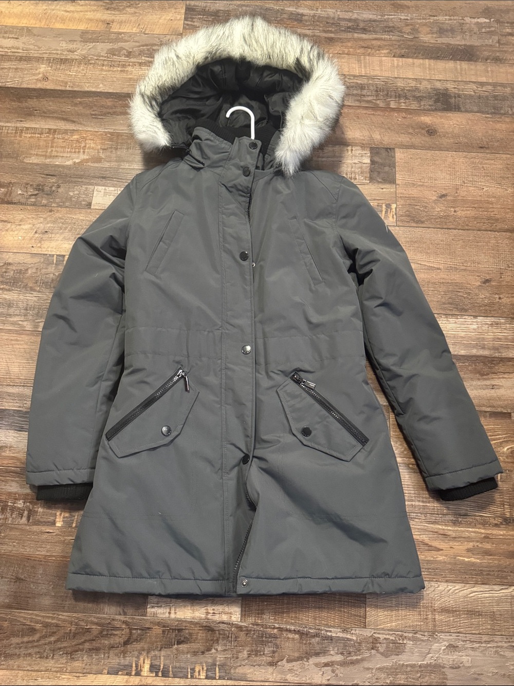Women's Gray Hooded Parka Coat with Faux Fur Trim